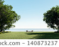 3d render of a peaceful seaside lawn with wooden chairs overlooking the calm ocean 140873237