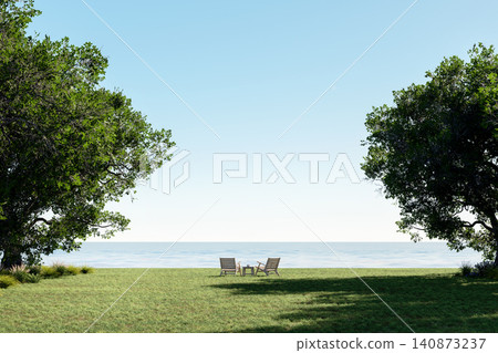 3d render of a peaceful seaside lawn with wooden chairs overlooking the calm ocean 3d render of a peaceful seaside lawn with wooden chairs overlooking the calm ocean 140873237
