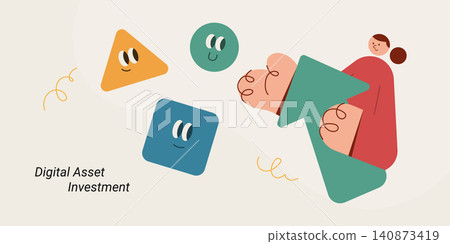 Flat design illustration of a person holding a large growth arrow surrounded by cute triangle, circle, and square characters, representing digital asset investment. Perfect for fintech, NFT, and crypt Flat design illustration of a person holding a large growth arrow surrounded by cute triangle, circle, and square characters, representing digital asset investment. Perfect for fintech, NFT, and crypt 140873419