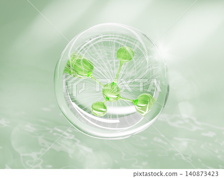 Green molecule in transparent bubble on light menthol 3d background. Aloe collagen gel serum drop, liquid bio cosmetic sphere, natural cream with peptides. Herbal shampoo organic. 3D illustration Green molecule in transparent bubble on light menthol 3d background. Aloe collagen gel serum drop, liquid bio cosmetic sphere, natural cream with peptides. Herbal shampoo organic. 3D illustration 140873423