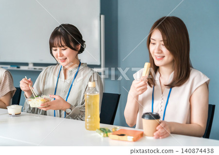 Businesswoman having lunch in company cafeteria/break room 140874438