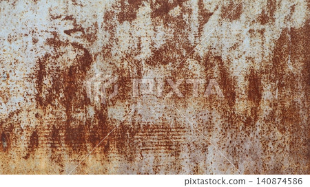 An old metal surface with traces of severe corrosion. Random spots and streaks of rust in brownish-red hues appear against the light background, creating a complex grunge texture. An old metal surface with traces of severe corrosion. Random spots and streaks of rust in brownish-red hues appear against the light background, creating a complex grunge texture. 140874586