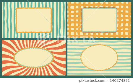 Retro groovy frame templates collection with vintage sunburst grid and hand drawn stripes flat vector backgrounds set in 70s palette for greeting cards labels and branding Retro groovy frame templates collection with vintage sunburst grid and hand drawn stripes flat vector backgrounds set in 70s palette for greeting cards labels and branding 140874851
