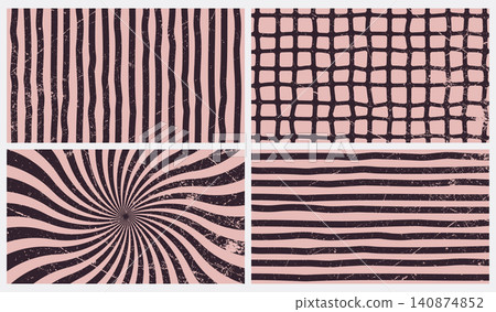 Grunge retro seamless patterns bundle with vintage sunburst swirl grid and hand drawn lines flat vector illustration in pink and black for branding packaging and digital backgrounds 140874852