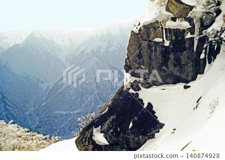 An oil painting-style illustration depicting a snow-covered mountain with sheer cliffs. An oil painting-style illustration depicting a snow-covered mountain with sheer cliffs. 140874928