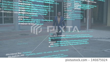 Standing man wearing dark blazer, tan shirt on tiled plaza near glass doors, holographic code Standing man wearing dark blazer, tan shirt on tiled plaza near glass doors, holographic code 140875024