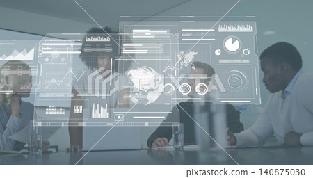 Reviewing four professionals studying holographic display in modern boardroom in business casual Reviewing four professionals studying holographic display in modern boardroom in business casual 140875030