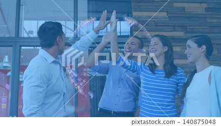 High fiving five business casual colleagues in modern office, with glass partition, digital light High fiving five business casual colleagues in modern office, with glass partition, digital light 140875048