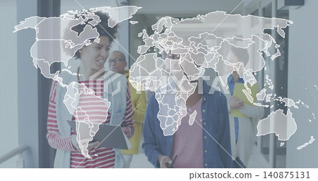 Walking duo in striped top, denim shirt guiding team down glass hall, holding tablet, map overlay Walking duo in striped top, denim shirt guiding team down glass hall, holding tablet, map overlay 140875131