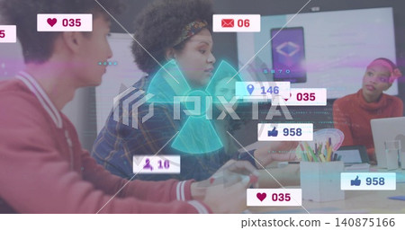 Presenting woman in plaid shirt and headband leading meeting at table with laptops, hologram Presenting woman in plaid shirt and headband leading meeting at table with laptops, hologram 140875166