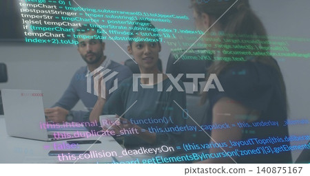 Leading teal-blouse woman gesturing and explaining code in office, with laptops notepads smartphone Leading teal-blouse woman gesturing and explaining code in office, with laptops notepads smartphone 140875167