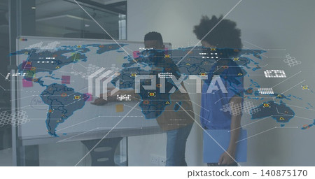 Presenting two Black staff in workwear pointing, holding blue folder in office, whiteboard overlay Presenting two Black staff in workwear pointing, holding blue folder in office, whiteboard overlay 140875170