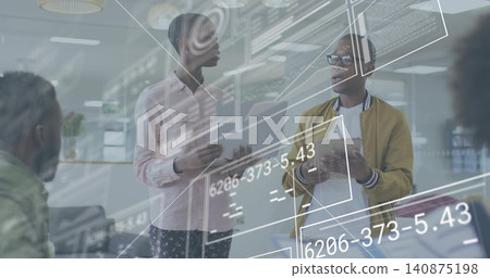 Discussing two colleagues in pink shirt, mustard jacket holding tablet in tech office with AR UI Discussing two colleagues in pink shirt, mustard jacket holding tablet in tech office with AR UI 140875198