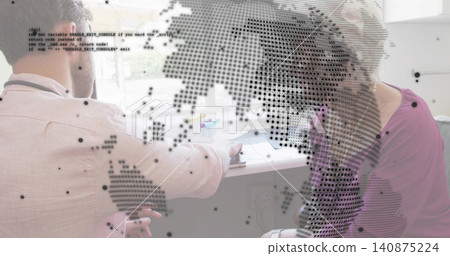 Reaching pair in pink shirt, purple top reviewing papers at desk near window, dotted map overlay Reaching pair in pink shirt, purple top reviewing papers at desk near window, dotted map overlay 140875224