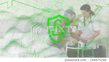 Caregiver in white top leaning, helping seated woman with walker at clinic stethoscope green shield Caregiver in white top leaning, helping seated woman with walker at clinic stethoscope green shield 140875280
