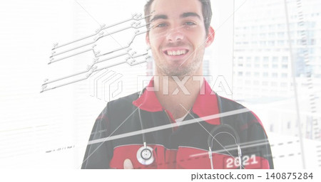 Smiling medic in red-black jacket at clinic window, showing stethoscope and thumbs-up with overlays Smiling medic in red-black jacket at clinic window, showing stethoscope and thumbs-up with overlays 140875284