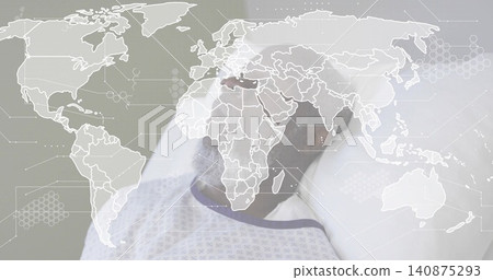 Lying mature patient resting on bed in clinic wearing patterned gown, pillow and map overlay Lying mature patient resting on bed in clinic wearing patterned gown, pillow and map overlay 140875293