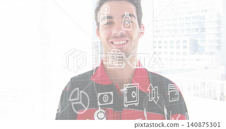 Standing man wearing red black jacket and stethoscope near big windows in tower office, AR overlays Standing man wearing red black jacket and stethoscope near big windows in tower office, AR overlays 140875301