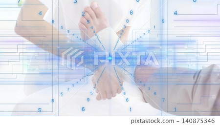 Joining four colleagues' hands at clinical meeting, showing white coat, watch and blue node overlay Joining four colleagues' hands at clinical meeting, showing white coat, watch and blue node overlay 140875346