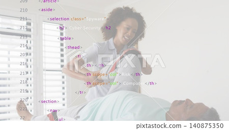 Helping therapist lifting senior's leg on low bed at blinds with band, light clothes, code overlay Helping therapist lifting senior's leg on low bed at blinds with band, light clothes, code overlay 140875350