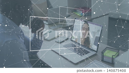 Displaying laptop screen showing remote colleague joining call at office table check shirt notebook Displaying laptop screen showing remote colleague joining call at office table check shirt notebook 140875408