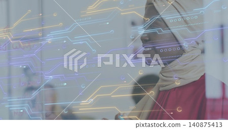 Speaking woman wearing beige hijab and red top leading office meeting, digital overlay, copy space Speaking woman wearing beige hijab and red top leading office meeting, digital overlay, copy space 140875413