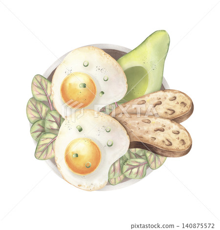 Breakfast plate, fried eggs, toasted bread, avocado, greens. Hand-painted watercolor illustration isolated on a white for healthy food advertising, menu, posters, cookbook, design, vegetarian branding 140875572