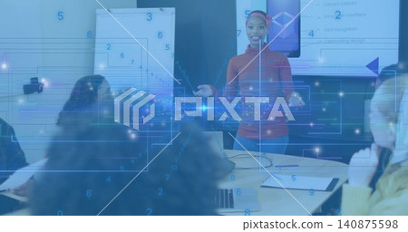 Presenting woman in red sweater and patterned wrap, gesturing in meeting room with screen overlay Presenting woman in red sweater and patterned wrap, gesturing in meeting room with screen overlay 140875598