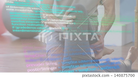 Supporting parents holding toddler on wood floor at home barefoot with multicolored code overlay Supporting parents holding toddler on wood floor at home barefoot with multicolored code overlay 140875700