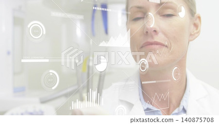 Viewing senior female doctor in white lab coat interacting with HUD overlays in clinical lab Viewing senior female doctor in white lab coat interacting with HUD overlays in clinical lab 140875708