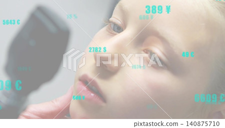 Examining child patient with clinician holding otoscope near ear at clinic, teal overlays Examining child patient with clinician holding otoscope near ear at clinic, teal overlays 140875710