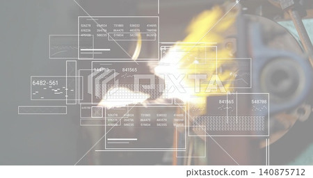 Showing gas torch nozzle emitting yellow-orange flame at workshop bench, with HUD overlays 140875712