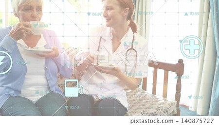 Sharing tea two women sitting on floral bench at home, showing stethoscope and health overlays Sharing tea two women sitting on floral bench at home, showing stethoscope and health overlays 140875727