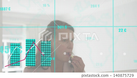 Applying mature woman in light robe putting on lipstick at home vanity, with smart mirror overlay Applying mature woman in light robe putting on lipstick at home vanity, with smart mirror overlay 140875729