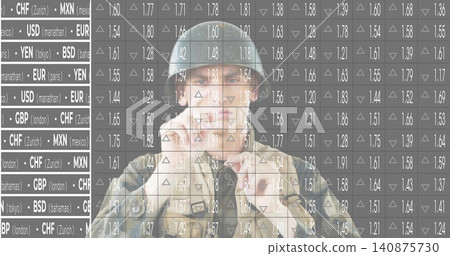 Pointing soldier in helmet, camo jacket and collared shirt and tie in studio using currency grid Pointing soldier in helmet, camo jacket and collared shirt and tie in studio using currency grid 140875730