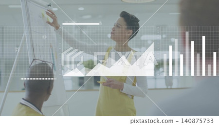 Pointing presenter in yellow pinafore and white top showing flip chart with sticky notes and overl Pointing presenter in yellow pinafore and white top showing flip chart with sticky notes and overl 140875733
