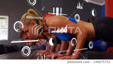 Woman wearing blue sports bra, leggings doing plank at gym, with AR overlays and wrist tracker Woman wearing blue sports bra, leggings doing plank at gym, with AR overlays and wrist tracker 140875752