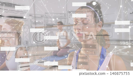 Standing woman in purple sports top and headband, with earbuds and digital data overlays in studio 140875755