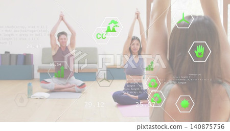 Practicing trio in tanks holding seated yoga on mats at bright studio with AR overlays, bottle Practicing trio in tanks holding seated yoga on mats at bright studio with AR overlays, bottle 140875756