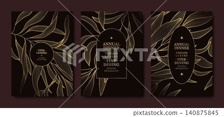 Luxury gala invite, floral background with elegant golden on black line flowers, leaves, art deco ornament, Japanese and Chinese design. Funeral cards, packaging, labels, greeting, spa branding, tea 140875845