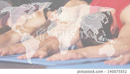 Leaning forward, five adults pressing forearms on blue mats in studio, world map overlay, red top Leaning forward, five adults pressing forearms on blue mats in studio, world map overlay, red top 140875852