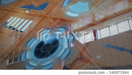 Raising basketball overhead, male player wearing sleeveless jersey shooting in gym, with blue HUD Raising basketball overhead, male player wearing sleeveless jersey shooting in gym, with blue HUD 140875864