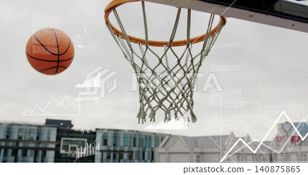 Showing basketball hoop and braided nylon net occupying rooftop court, with faint data overlays Showing basketball hoop and braided nylon net occupying rooftop court, with faint data overlays 140875865