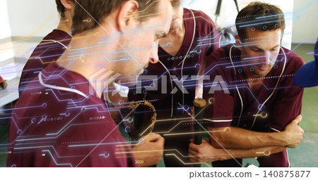 Leaning 4 men in maroon jerseys white trim eyeing bat cup in clubhouse circuit overlay Leaning 4 men in maroon jerseys white trim eyeing bat cup in clubhouse circuit overlay 140875877