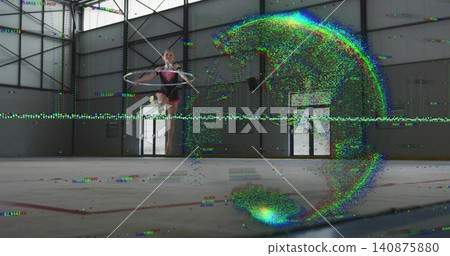 Leaping child gymnast performing in gym with hula hoop, in dark leotard, flesh tights, glitch arc Leaping child gymnast performing in gym with hula hoop, in dark leotard, flesh tights, glitch arc 140875880