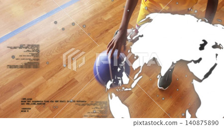 Teenage athlete in yellow top placing hand on purple basketball on court, map overlay, copy space Teenage athlete in yellow top placing hand on purple basketball on court, map overlay, copy space 140875890