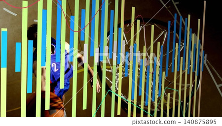 Leaping player in blue jersey #2 reaching rim or net or basketball on court with data overlay, copy Leaping player in blue jersey #2 reaching rim or net or basketball on court with data overlay, copy 140875895