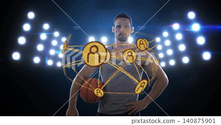 Standing athlete in gear holding basketball on court showing holo, gold nodes, globe, floodlights Standing athlete in gear holding basketball on court showing holo, gold nodes, globe, floodlights 140875901