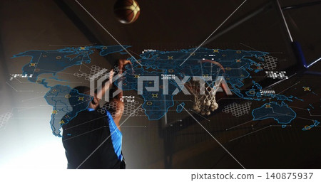 Shooting basketball player wearing black-blue jersey in gym, ball heading to hoop with HUD overlay Shooting basketball player wearing black-blue jersey in gym, ball heading to hoop with HUD overlay 140875937