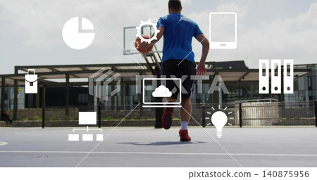 Dribbling basketball player in blue shirt red shoes toward hoop at outdoor court, with tech icons Dribbling basketball player in blue shirt red shoes toward hoop at outdoor court, with tech icons 140875956